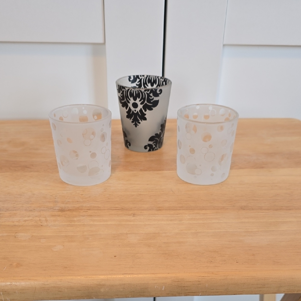 PartyLite Frosted White Votive Trio with Black Damask Accent